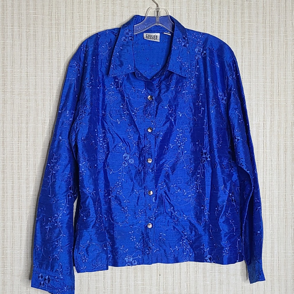 Chicos Design Blue 100% Silk Embroidered Collared Button Down Shirt Size 3